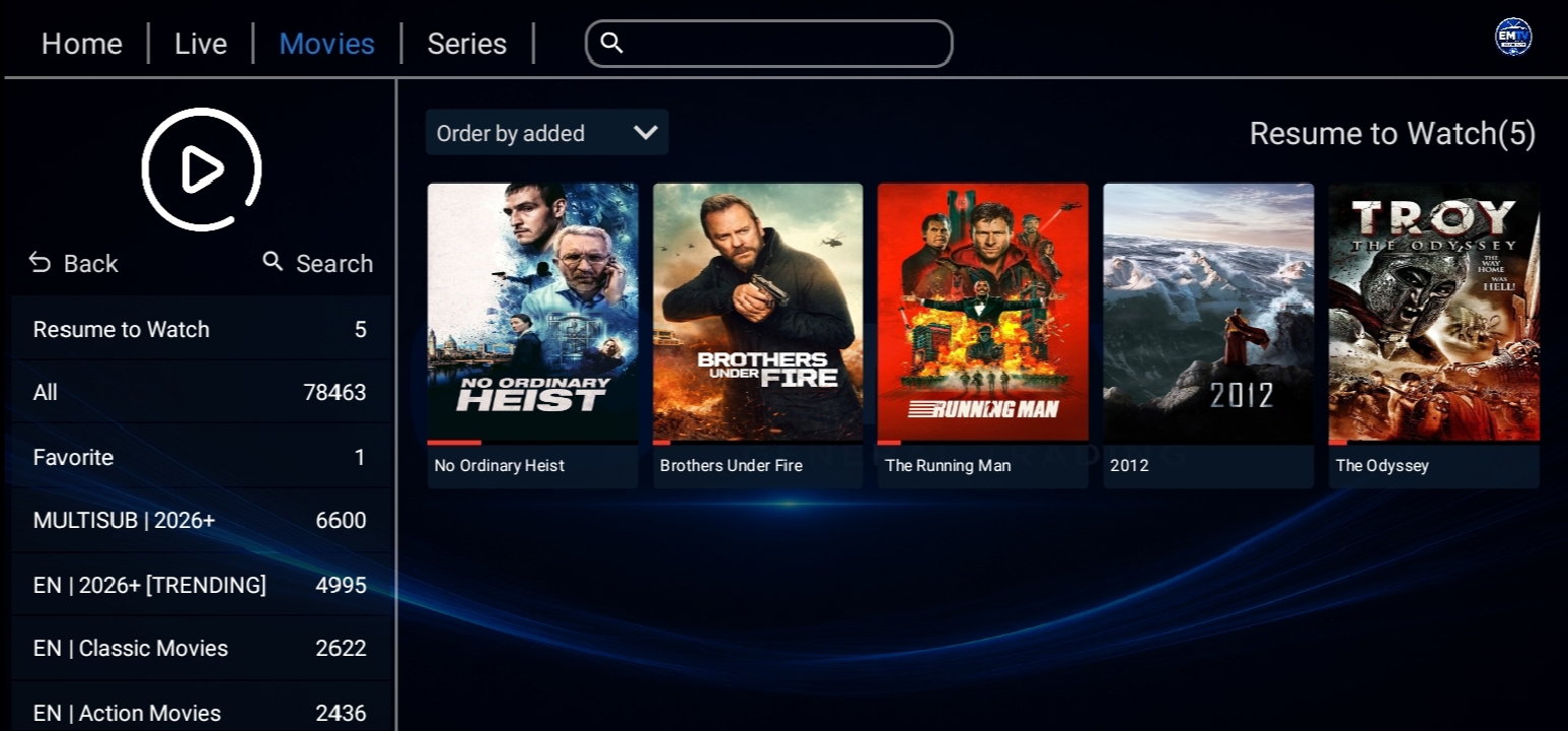 EMTV Player interface showing live TV, movies and series